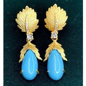 NEW Blue Aqua Earrings Turquoise Rhinestone Teardrop Drop Pierced Post Gold S01